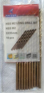 Сверло удлиненное 3 мм L-95 мм по металлу HSS-G М2 RAIZER 10 шт.
