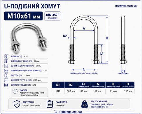 U-образный хомут М10x61 мм, (2" дюйма) болт-скоба