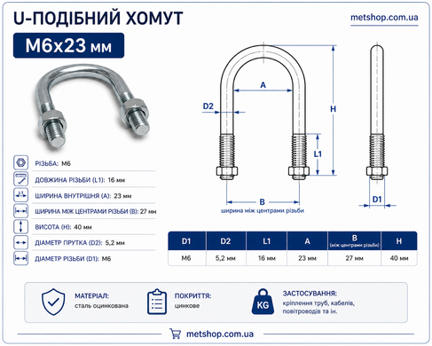 U-подібний хомут М6x23 мм, (1/2" дюйма) болт-скоба DIN3570
