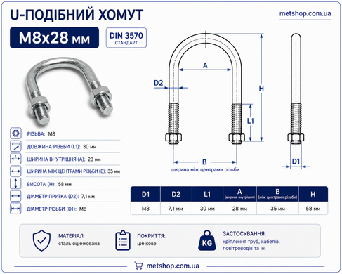 U-образный хомут М8x28 мм, (3/4" дюйма) болт-скоба