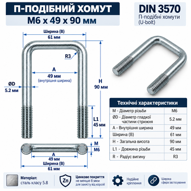 Хомут П-образный M6x49x90 мм, болт-скоба